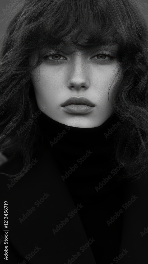 Stylish Monochrome Portrait Young Woman Curly Hair turtleneck Stylish Monochrome Portrait Young Woman Curly Hair turtleneck
