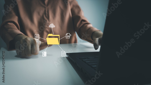 Document Management System, Officer using laptop manage files, Online document database management, automated processes to manage system, ERP enterprise efficient, business technology