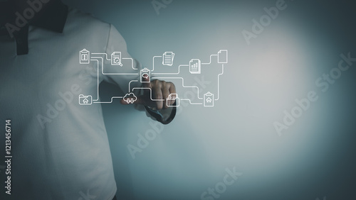 Document Management System, Officer using laptop manage files, Online document database management, automated processes to manage system, ERP enterprise efficient, business technology