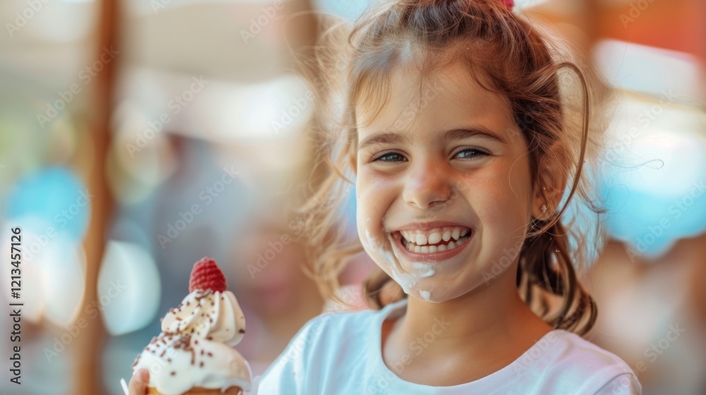 Portrait of happy little girl holding sundae in her hands, AI generated image