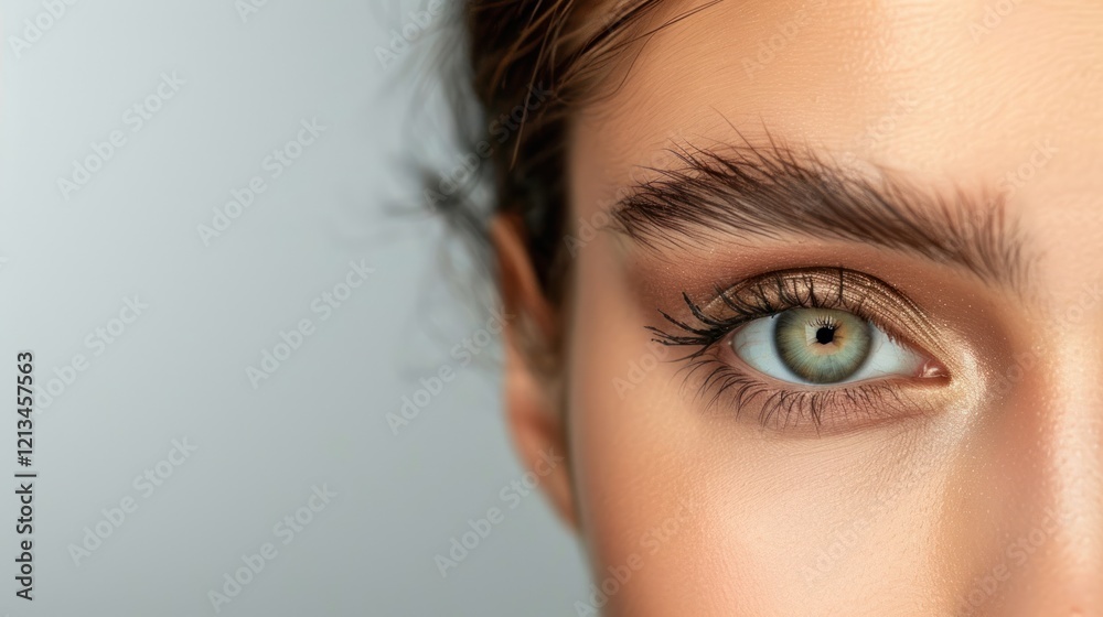 Fototapeta premium Half face of woman with beautiful makeup looking at camera isolated on grey, AI generated image