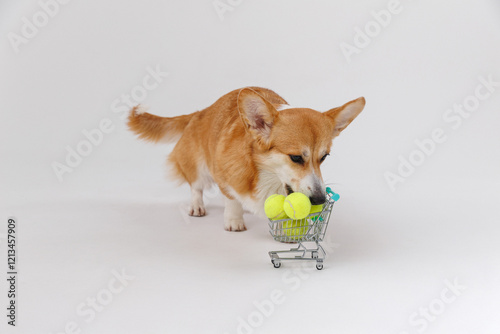 Corgi dog with tennis balls in a shopping cart, playful pet activity indoors photo