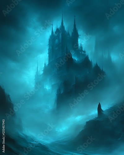 Eerie castle shrouded in mist, lone figure observes. photo