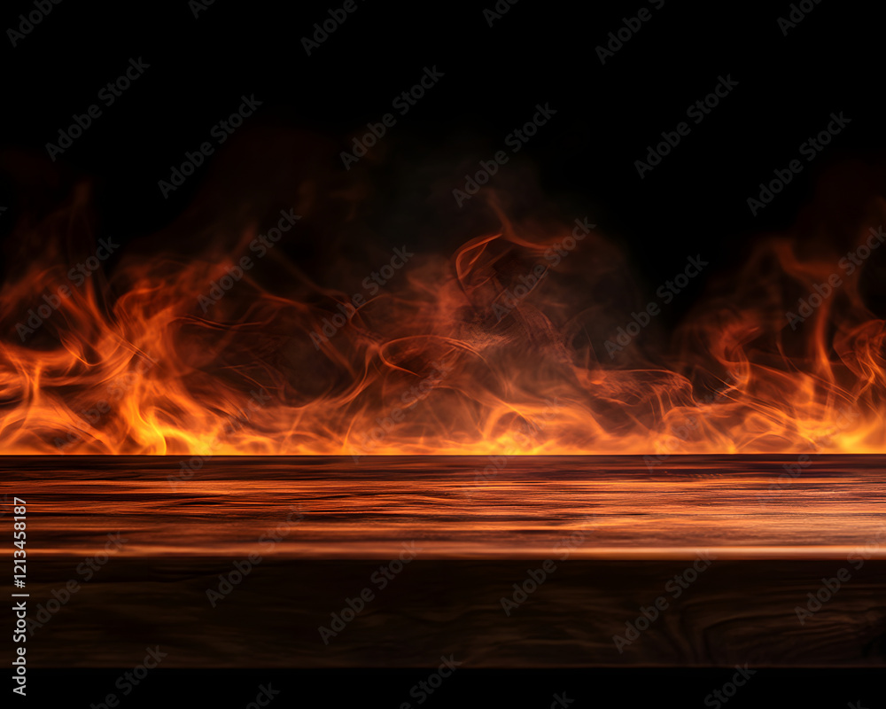 Fototapeta premium Wooden Surface with Flame and Smoke Background