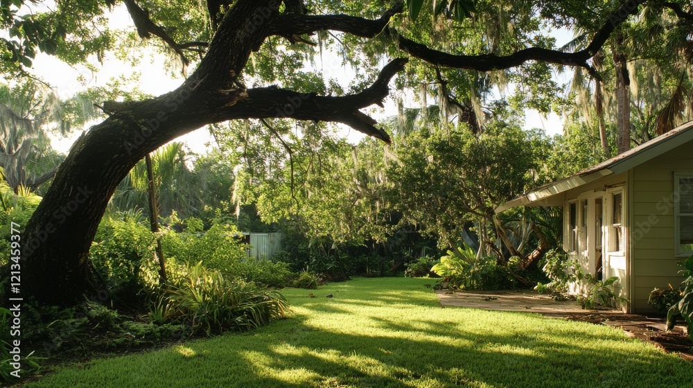 25.Concept 1: Hurricane damage to a tree on Florida house backyard 25.Concept 1: Hurricane damage to a tree on Florida house backyard