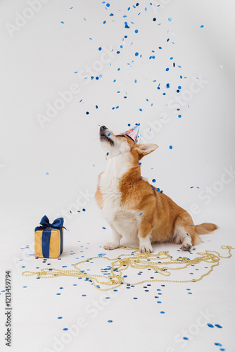 Corgi dog celebrating with a gift and blue confetti, festive fun and joy photo