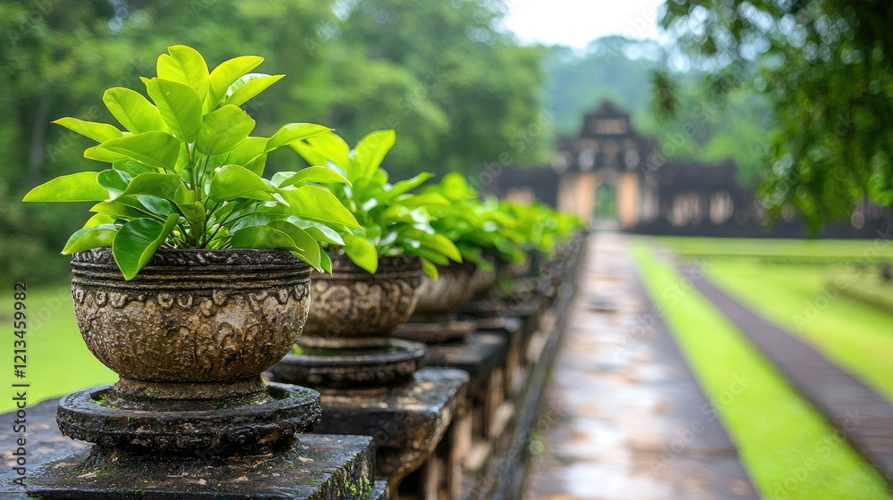 Potted plants line pathway to ancient temple ruins in lush green landscape; travel photography Potted plants line pathway to ancient temple ruins in lush green landscape; travel photography