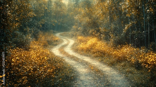 Autumnal Path: A Serene Forest Road Winding Through Golden Hues