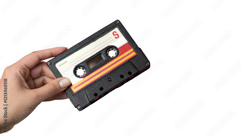 Fototapeta premium A hand holding a vintage cassette tape, showcasing its iconic design and vibrant colors, evoking nostalgia.