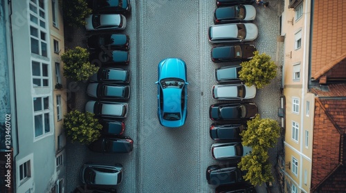 38.An overhead drone shot of a glossy blue car maneuvering out of a tight parking spot along a Ljubljana street, with parked cars neatly aligned in a single row. photo