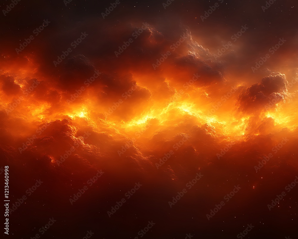 Fototapeta premium Fiery cosmic cloudscape, nebula, orange and red hues.