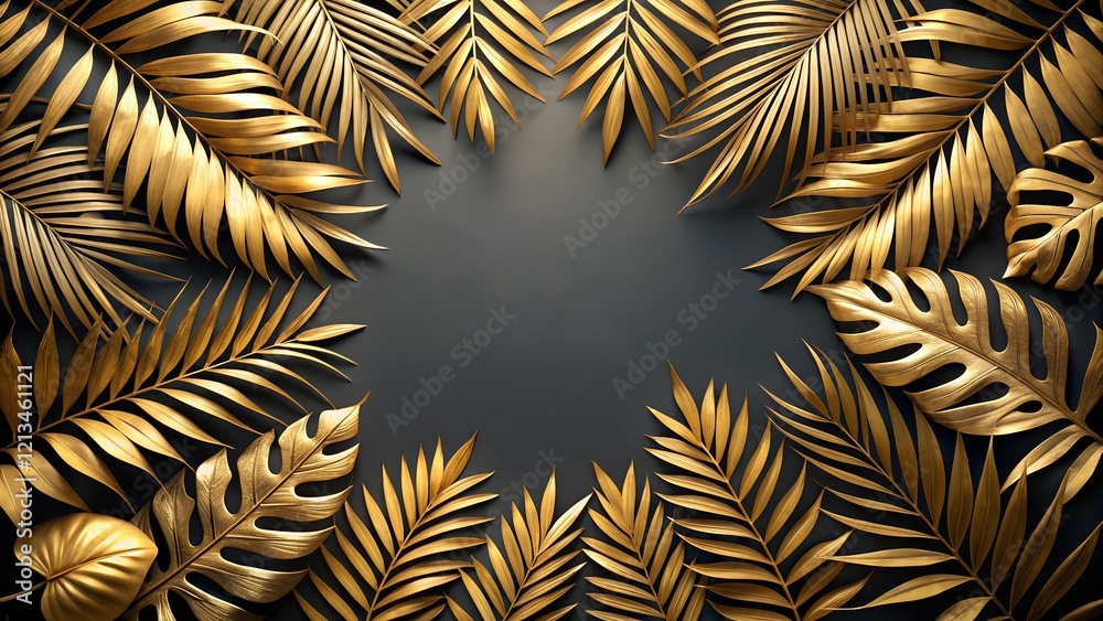 Naklejka premium gold tropical leaves with space in the center on black background