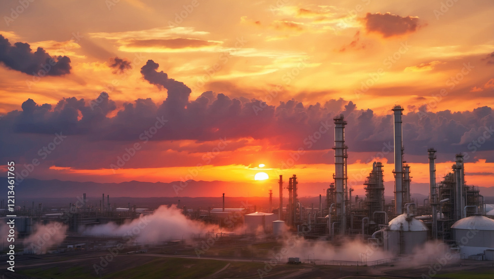 Obraz premium Close up Industrial view at oil refinery plant form industry zone with sunrise and cloudy sky
