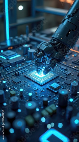 Robotic Hand Assembling Microchip on Advanced Circuit Board in High-Tech Environment