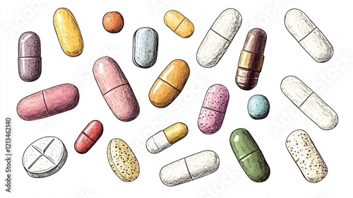 Colorful Handdrawn Pills Capsules Collection for Medical Use