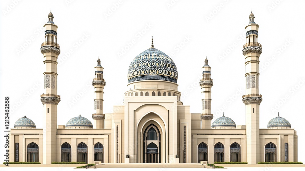 Obraz premium Wide Angle Islamic Mosque Isolated on White Background for Architectural Designs