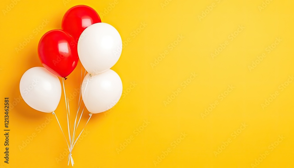 Colorful balloons in red and white against a bright yellow background, perfect for celebrations