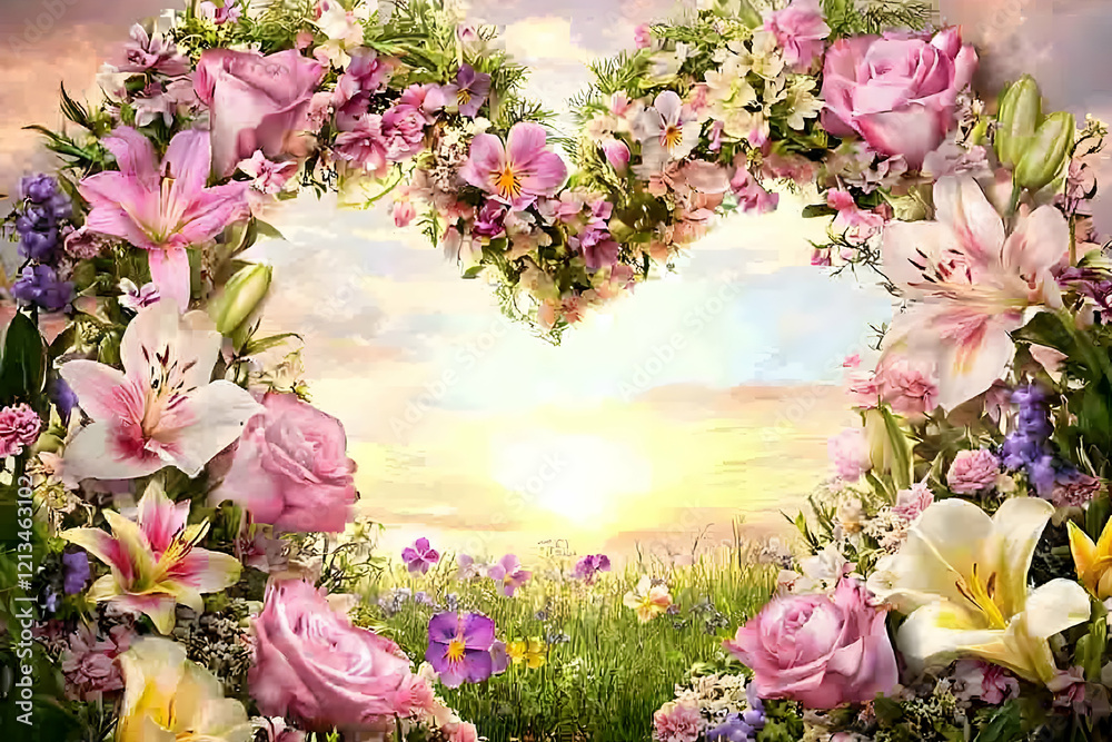 Fototapeta premium A heart-shaped arch made of blooming flowers