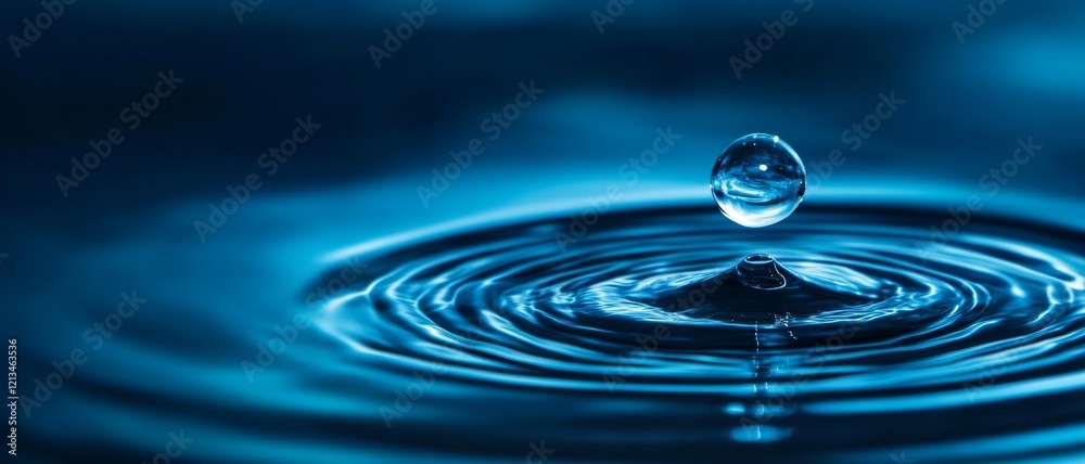 A close-up of a water droplet creating ripples in a serene blue surface. A close-up of a water droplet creating ripples in a serene blue surface.