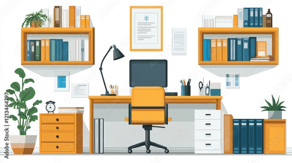 Modern home office workspace with desk, chair, shelves, and plants. Modern home office workspace with desk, chair, shelves, and plants.