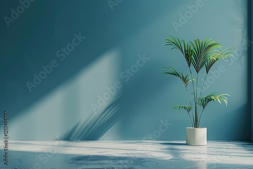 Sharp Image of a Room with a Blue Wall and a Plant in the Corner