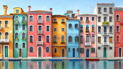 Charming Waterfront Cityscape with Colorful Buildings and Calm Reflecting Water