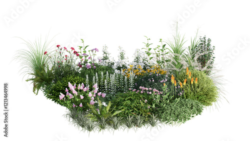 3d rendering illustration nature meadow bush on lawn grass field beautiful plant on isolate background landscape photo