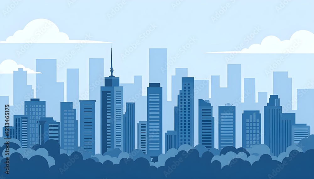 A high-definition image of a monochrome urban landscape with a cloudy sky. The scene features blue city buildings interspersed with trees, rendered in a modern architectural flat style. A high-definition image of a monochrome urban landscape with a cloudy sky. The scene features blue city buildings interspersed with trees, rendered in a modern architectural flat style.