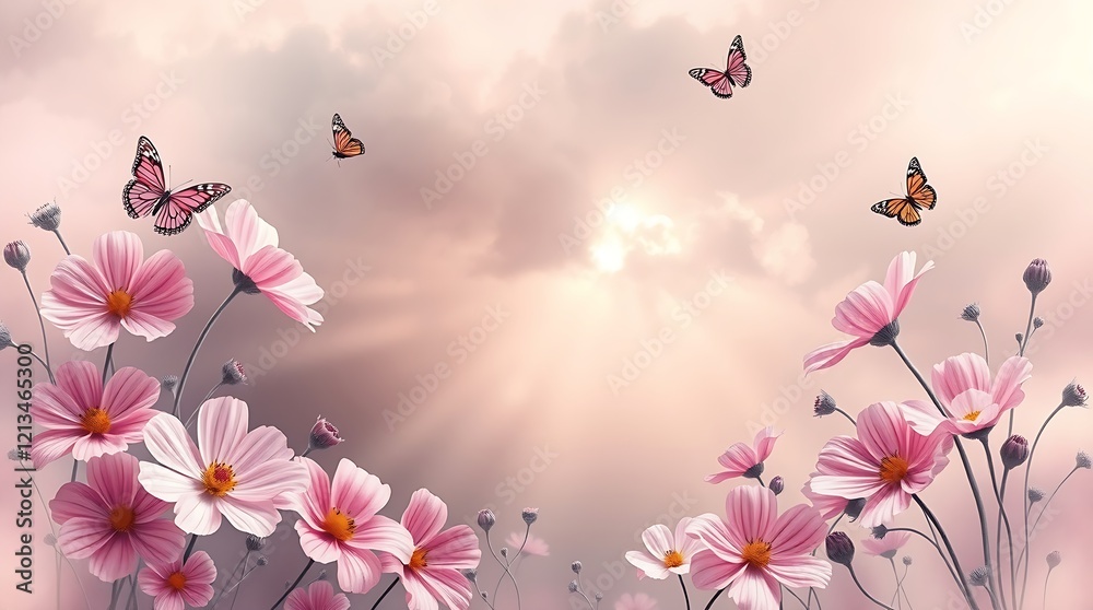 Naklejka premium floral frame made by pink and white cosmos flowers with butterflies in watercolor style on soft pastel background, wide copy space in the middle