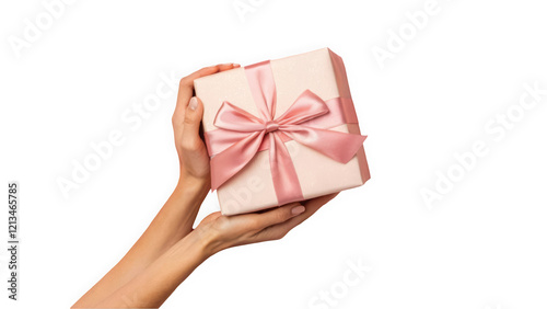 Elegant hands holding a beautifully wrapped gift box with a pink satin ribbon.