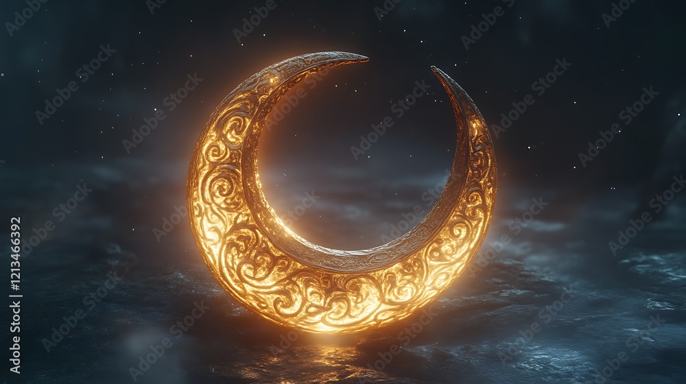 Glowing ornate crescent moon on dark background. (1) Glowing ornate crescent moon on dark background. (1)