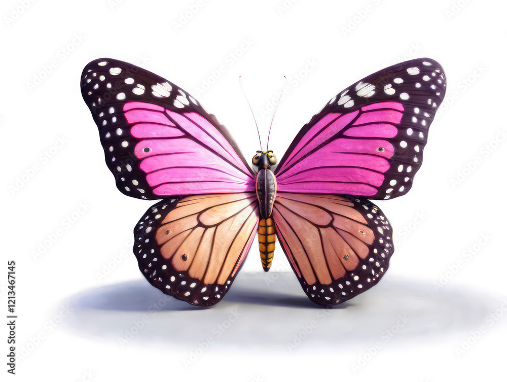 Fototapeta premium Pink and Orange Butterfly with Black Dots on White Background