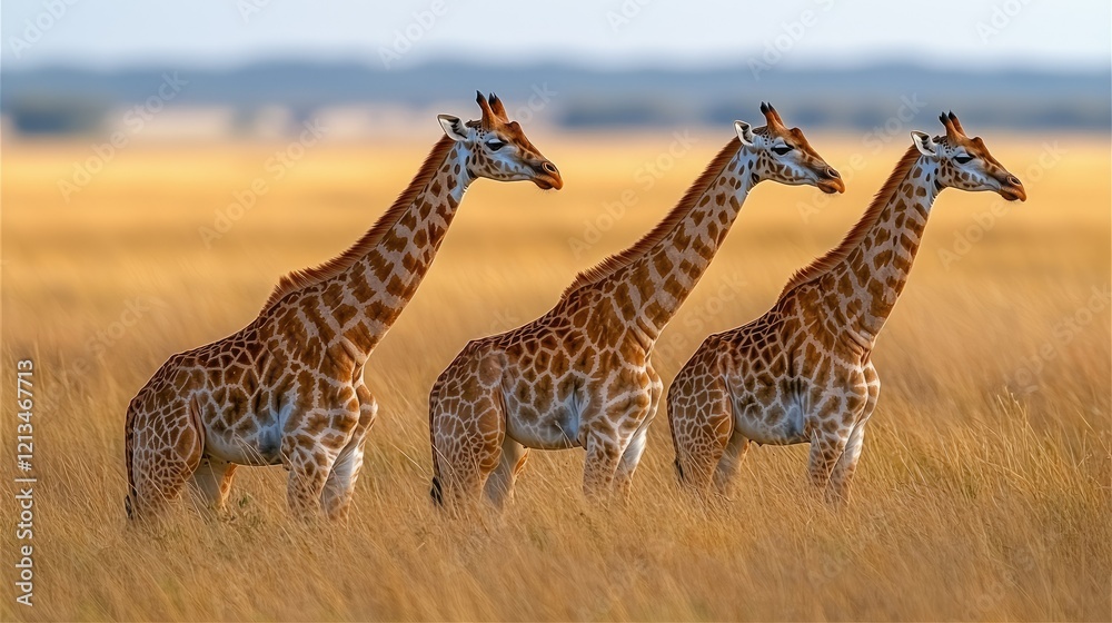 Obraz premium Three Giraffes Stand In Tall Golden Grassland