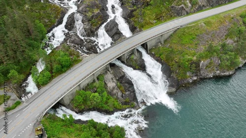 Aerial shot of Langfossen waterfall in Norway photo