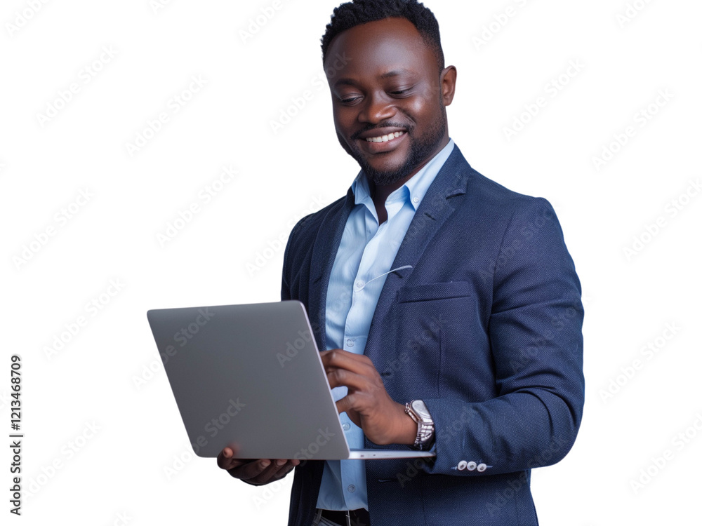 Smiling businessman in a formal suit working on a laptop, professional environment Smiling businessman in a formal suit working on a laptop, professional environment