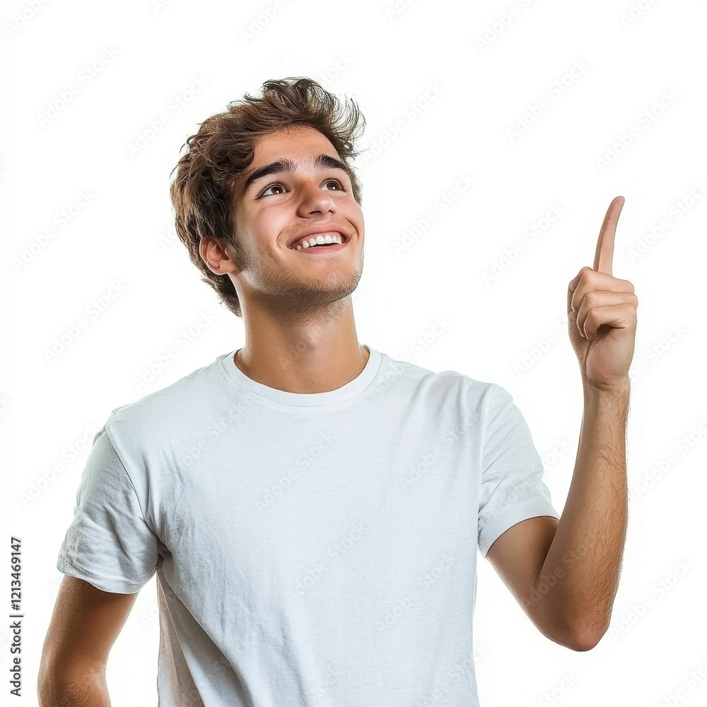 Young Man Pointing Upward with Cheerful Expression on White Background Young Man Pointing Upward with Cheerful Expression on White Background
