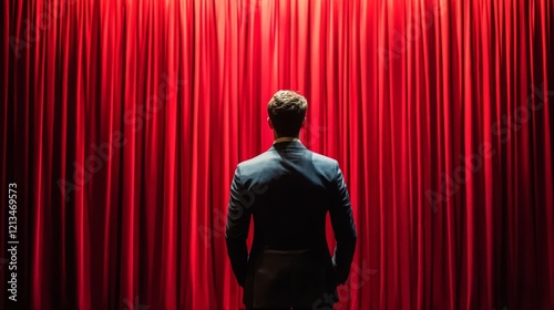 Elegant Actor Bowing Before Red Curtain on Stage