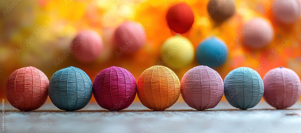 Fototapeta premium Colorful paper lanterns in a row, blurred background.