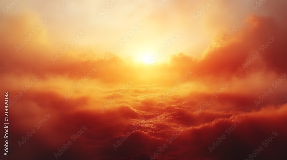 Fototapeta premium Fiery sunset above a sea of clouds.