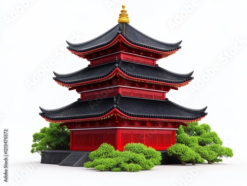 Vibrant red three-tiered pagoda surrounded by lush greenery in a tranquil outdoor setting