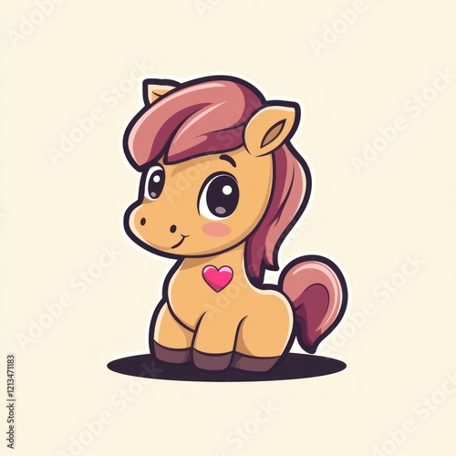 Cute cartoon horse sitting, playful expression, light background, children's book illustration photo