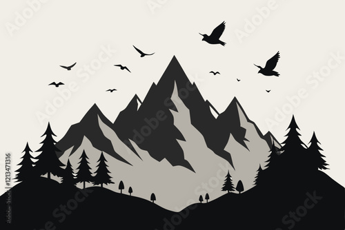 A flock of birds flying in front of a mountain with a mountain background