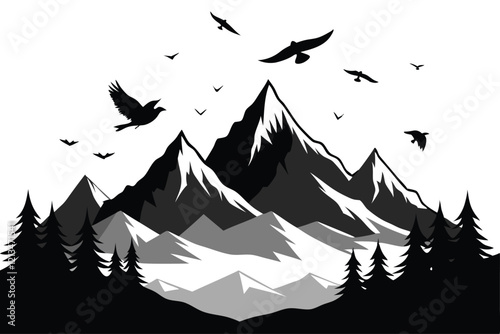 A flock of birds flying in front of a mountain with a mountain background