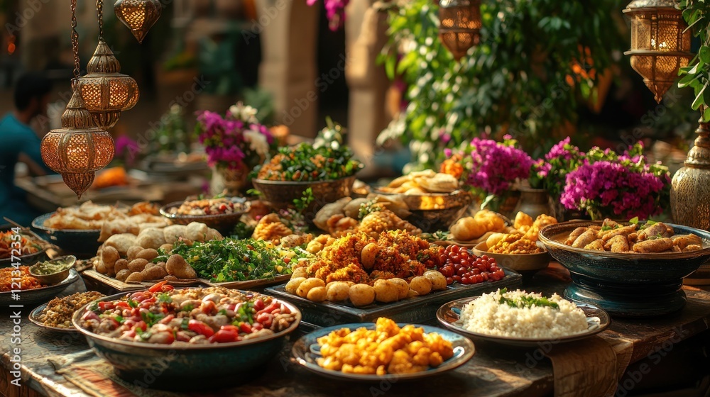 Abundant Middle Eastern buffet, courtyard setting, sunset Abundant Middle Eastern buffet, courtyard setting, sunset