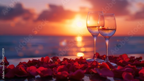 Wallpaper Mural Romantic dinner with rose petals and wine glasses at sunset, AI generated image Torontodigital.ca