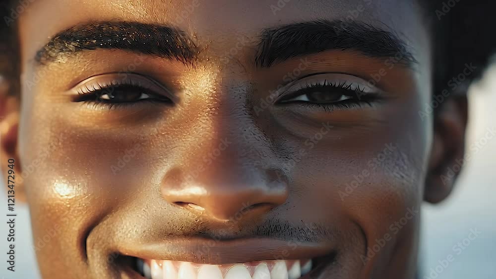 Close up portrait of joyful young man with dark skin and bright eyes, radiating happiness and warm smile. Close up portrait of joyful young man with dark skin and bright eyes, radiating happiness and warm smile.