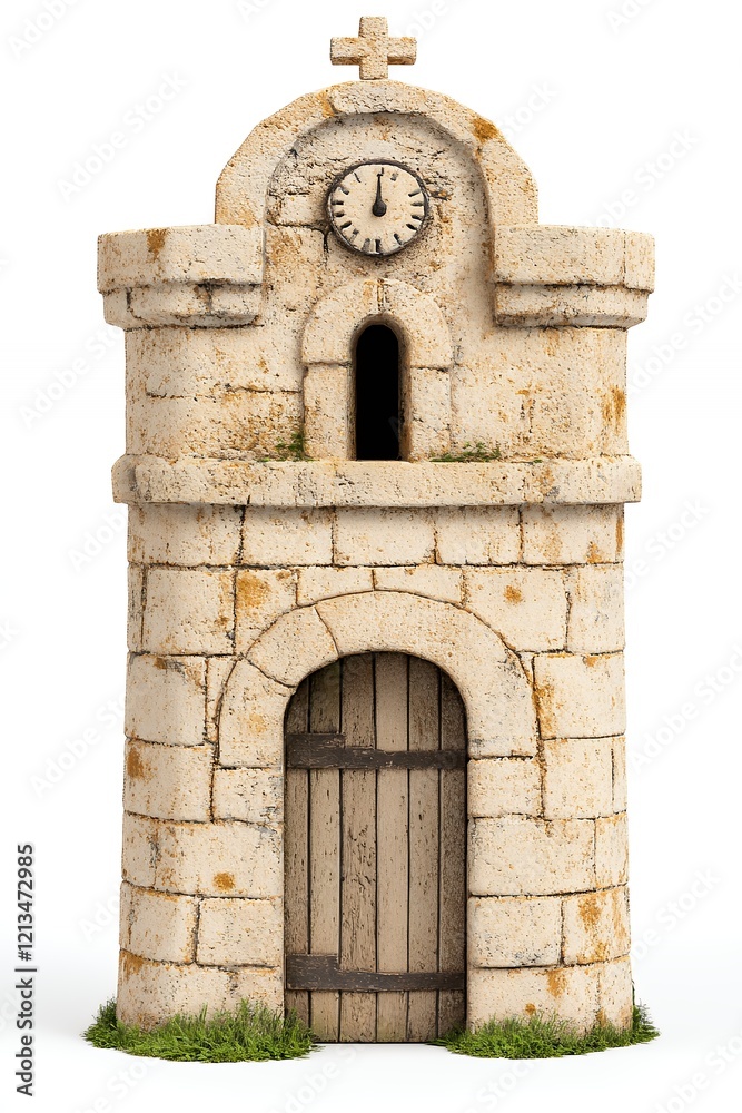 Fototapeta premium Charming stone tower with arched doorway and clock surrounded by lush greenery and rustic elements