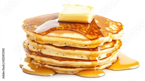 A stack of fluffy, golden pancakes topped with a pat of melting butter, Each pancake’s light texture and appealing appearance captured with precision