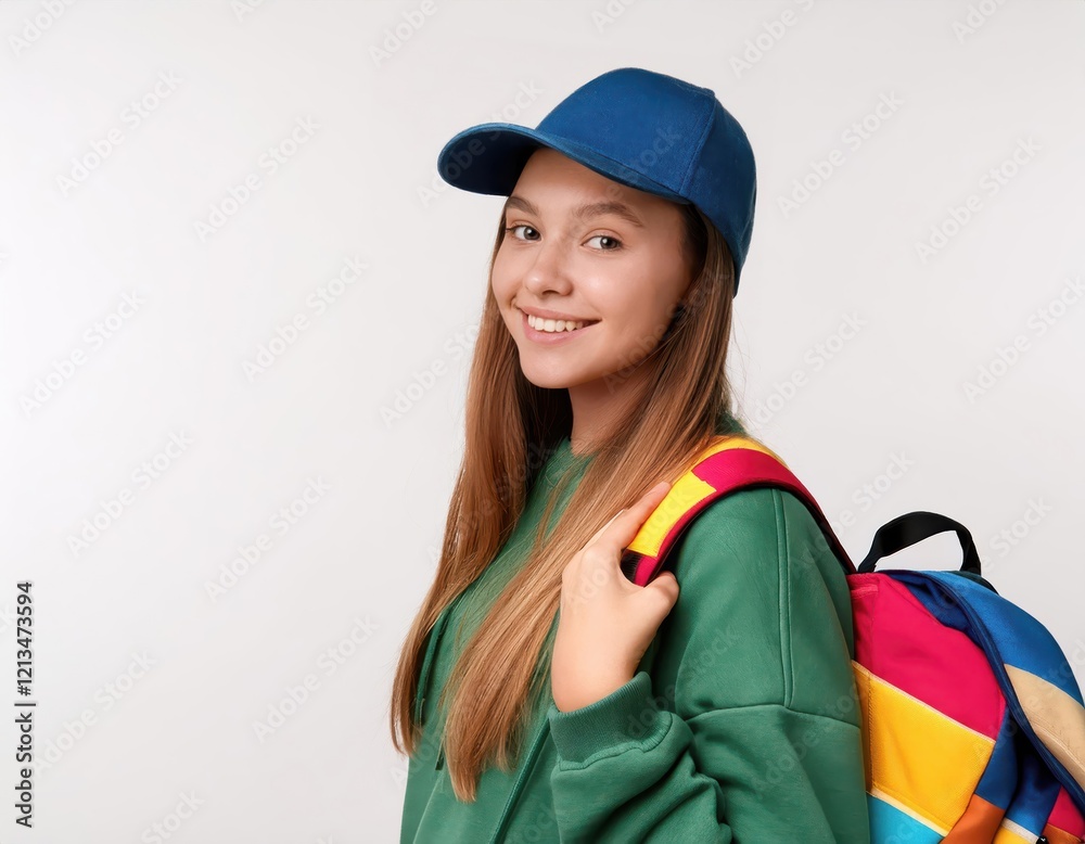 Confident girl in green hoodie with colorful backpack on white background Confident girl in green hoodie with colorful backpack on white background