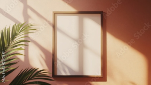 Empty wooden frame on a textured wall with palm leaf shadow and sunlight